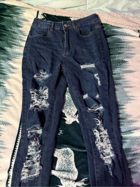 Women’s Distressed Dark Blue Jeans - Classic Fit